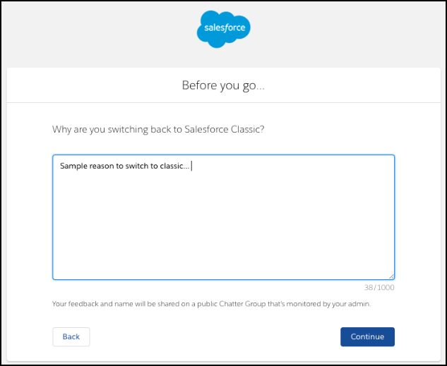 The Salesforce Classic User Feedback Form.